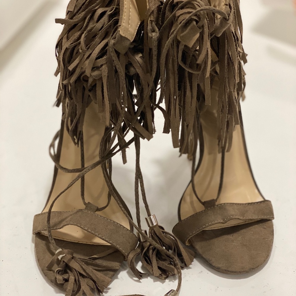 Taupe fringe open toe high heeled sandals